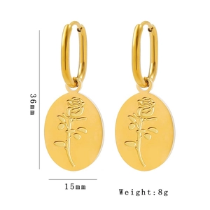 Golden stainless steel rose flower embossed earrings in oval shape for women