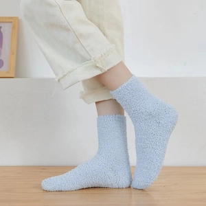 Thick warm light blue coral fleece mid-calf socks for women in soft plush material