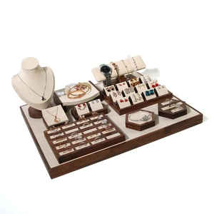 Walnut wood jewelry display set with beige velvet for necklaces and rings