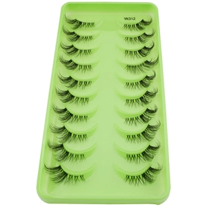 Close-up of 10 pairs of dense natural half eyelashes YK312 in light green tray