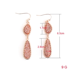 Rose gold double teardrop druzy earrings, 6.5cm length with pink stone texture inlay