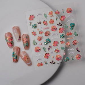 Embossed gold foil floral nail stickers with peony and leaf patterns, model Co-055