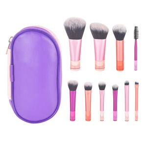10-piece gradient makeup brush set with purple storage bag on a clean white background
