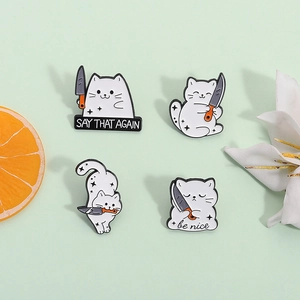 Funny Cartoon Cat Holding Knife Enamel Pin Alloy Brooch Humor Novelty Badge Backpack Clothing Accessory Decoration
