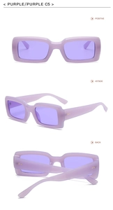 Purple rectangular sunglasses C5 showing front, side and back views on white background