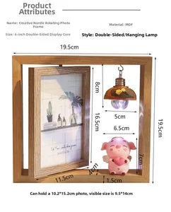 Cadre photo rotatif 6 pouces en bois avec figurine cochon et mini lampe lumineuse