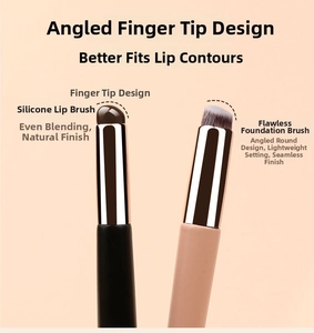 Dual silicone lip and foundation brush showing round head and slanted bristles for blending