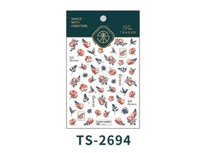 Stickers à ongles en relief 3D avec fleurs de kapok orange et feuilles bleu foncé