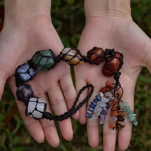 Handmade 7 Chakra natural raw stone car hanging ornament with woven mesh and crystal tassels