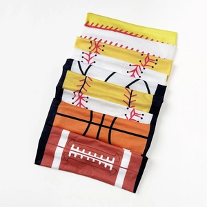 Detail view of eight elastic sports headbands with baseball and basketball stitch prints