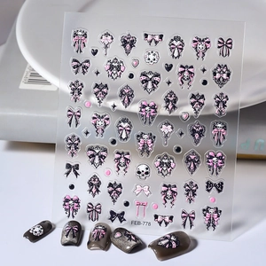 5D Stereoscopic Relief Nail Stickers Dark Gothic Pink Black Bowknot Skull Heart Pattern Waterproof Self Adhesive Nail Art Decoration For Women