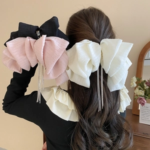 Elegant Bow Hair Clip With Rhinestone Tassel Lace Fabric Sweet Spring Barrette For Women Hairstyling Accessory