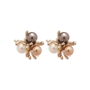 French vintage style earrings with brown flowers and multi-color pearls on gold base