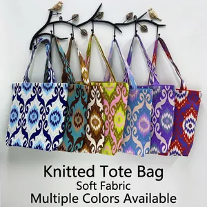 Polyester Knit Women Tote Bag Ethnic Ikat Geometric Pattern Large Capacity Shoulder Handbag Casual