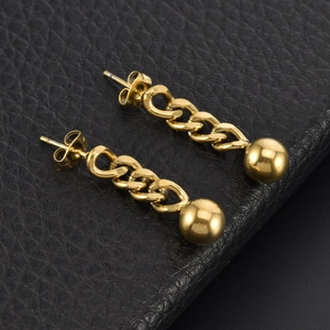 Minimalist gold stainless steel thick chain link and ball stud earrings for women