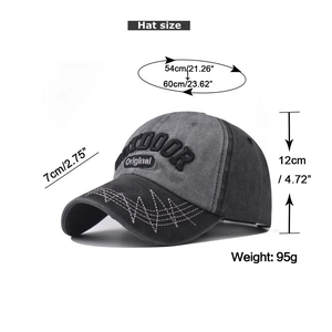 Detailed size guide for distressed outdoor baseball cap showing 54-60cm circumference