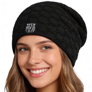 Winter chenille cable knit beanie hat with fleece lining and animal logo patch