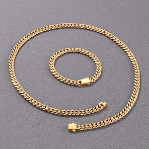 Minimalist gold stainless steel Cuban link chain necklace and bracelet jewelry set