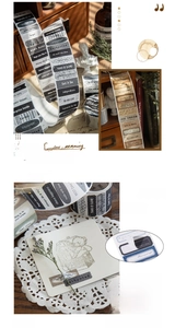 Detail of vintage English quote tape on white kraft paper with die-cut design