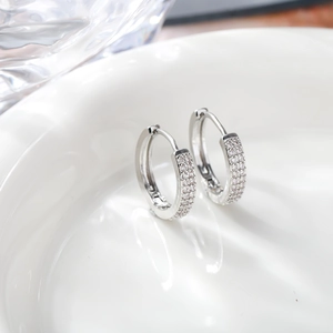 Macro shot of silver hoop earrings with double row paved zircons and a snap closure