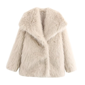 Chic cream faux fur coat with oversized lapels and warm thick texture in a classic flat lay