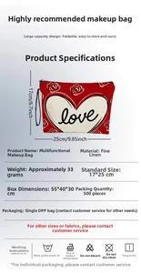 Detailed sizing guide and specifications for the red heart print linen cosmetic bag