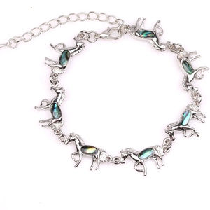 Silver horse charm bracelet with iridescent shell inlay and adjustable link chain