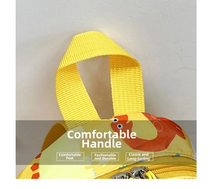 Detail of yellow toddler backpack with webbing handle and durable dual metal zippers