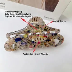 Large acetate shark hair claw clip with colorful marble pattern and durable metal spring