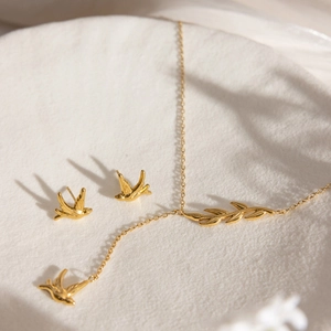18K gold plated stainless steel jewelry set with dove pendant necklace and earrings