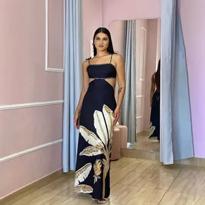 Women Elegant Maxi Dress Polyester Waist Cut-Out Backless Tropical Palm Leaf Print V-Neck Sleeveless Holiday Resort