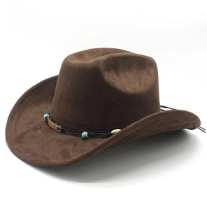 Close-up of brown suede cowboy hat featuring turquoise beads and woven decorative band