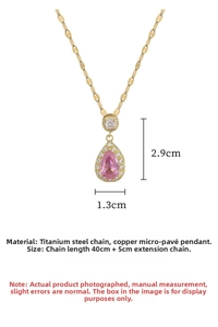 Detail of rose gold water drop necklace with pink stone and micro-inlaid zircon stones