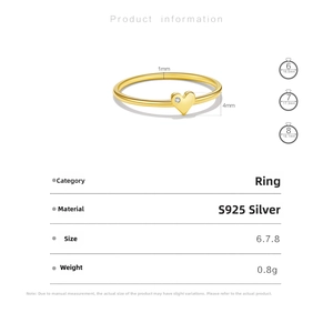 Detailed size chart for S925 sterling silver gold heart ring showing weight and dimensions