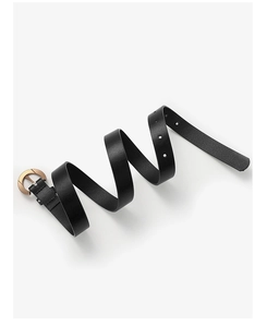 Detailed view of a coiled black leather belt with a polished gold pin buckle on white