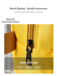 Detail of yellow twill fabric backpack featuring a matte black zipper and brown leather strap