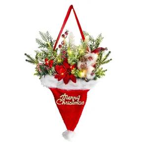 Luminous Christmas hat ornament with pine needles berries and LED lights for door hanging