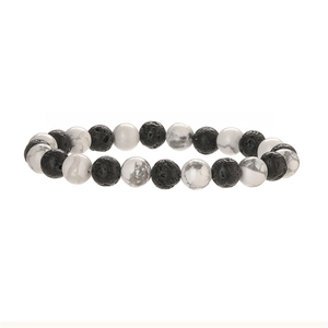 Natural 8mm lava rock and white turquoise beaded elastic bracelet for men and women