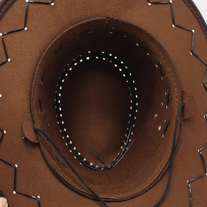 Macro detail of brown suede cowboy hat interior with sweatband and decorative stitching