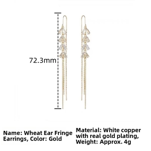 Detail view of 72.3mm wheat ear tassel earrings in gold plated copper with zircons