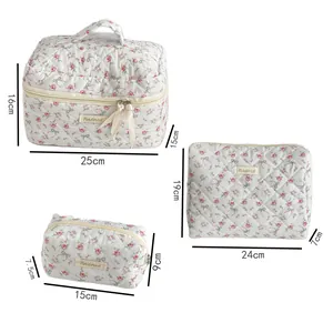 Detailed size chart of floral makeup bags showing large, flat, and small bag dimensions