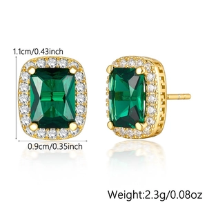 Detail view of S925 silver emerald cut earrings with green zircon and gold plating