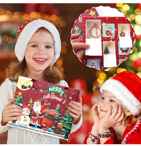 Close-up of a 24-day Christmas advent calendar box with charms and bracelets