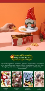 Detailed view of gnome-shaped Christmas tin box with red polka dot hat for holiday storage