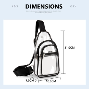 Detailed dimension chart for transparent PVC crossbody bag showing 31x18x7cm measurements