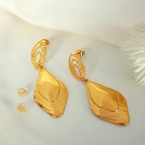 Polished 18k gold plated stainless steel teardrop earrings with textured leaf design