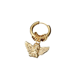 Gold stainless steel hoop earring featuring a 3D praying angel pendant on white background