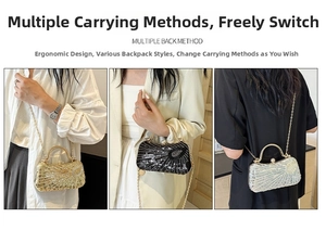 Three ways to wear sequined evening bags with gold chain straps in gold, black, and silver