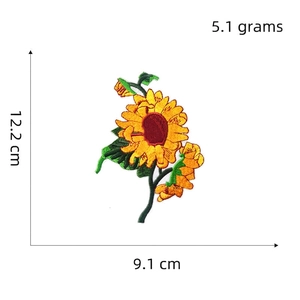 Detailed view of sunflower embroidery patch with dimensions 12.2cm height and 9.1cm width