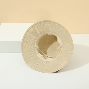 Cappello da sole in paglia beige a tesa larga pieghevole con cinturino per donna